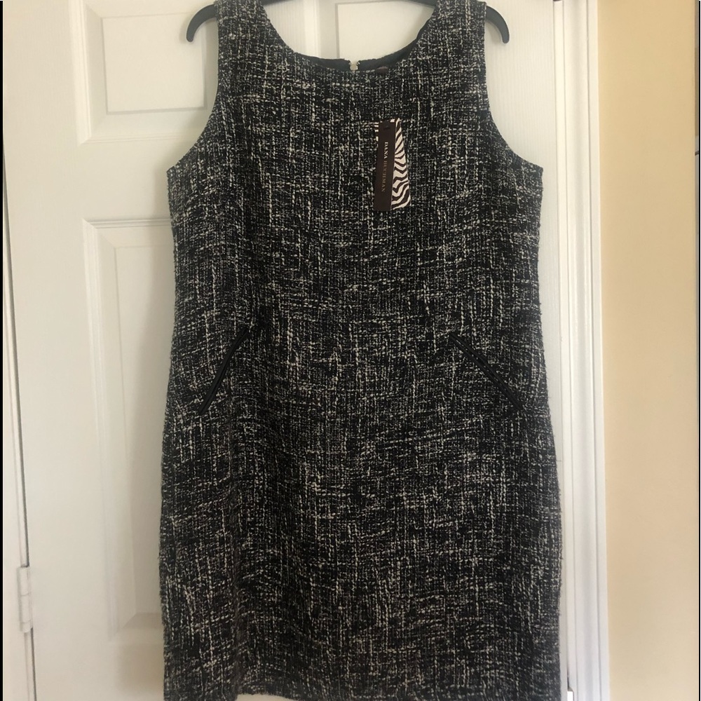 NWT black and white lined tweed dress;leather trim